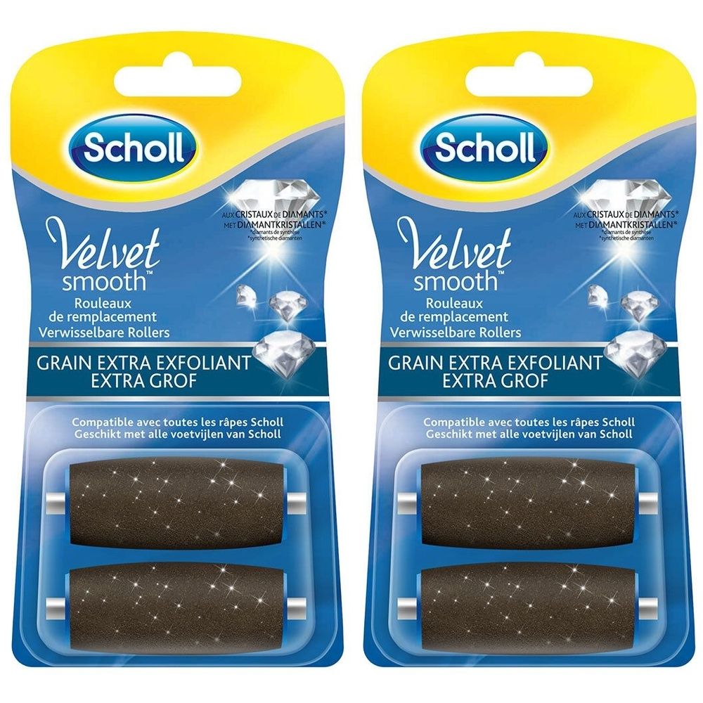 Twee verpakkingen Scholl Velvet Smooth navulrollen. Extra grove korrel. Diamantkristallen. Blauwe en gele verpakking.