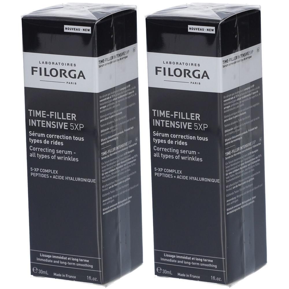 Twee dozen Filorga Time-Filler Intensive 5XP Sérum. Zwarte verpakking met witte tekst. Productnaam en beschrijving.
