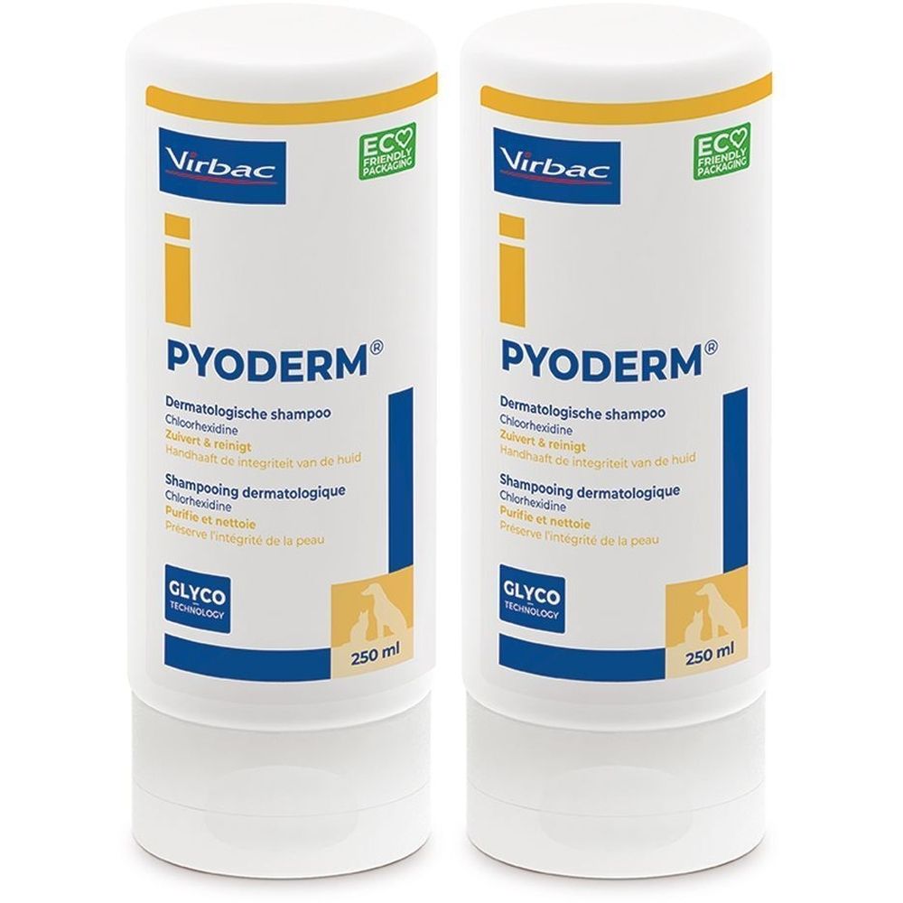 Twee witte flessen met gele en blauwe accenten. Opschrift: PYODERM, dermatologische shampoo. Merk: Virbac. Met 250 ml aanduiding.