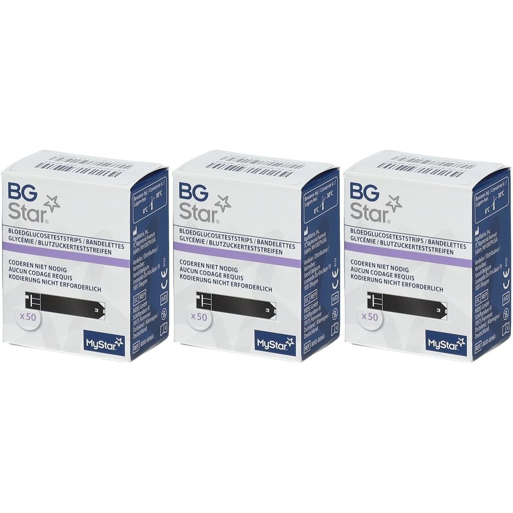 Trois boîtes de bandelettes de test de glycémie. Chaque boîte porte l'inscription "BG Star" et "x50".