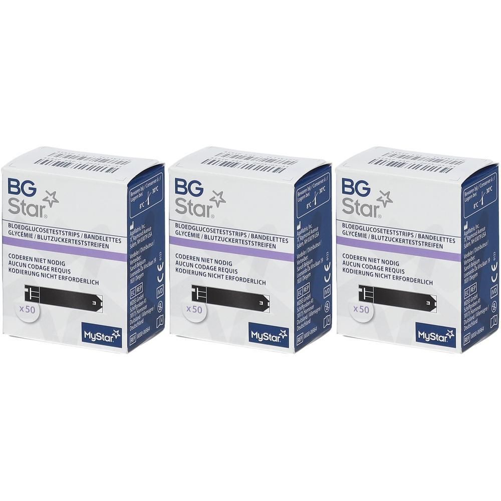 Drie dozen BG Star bloedglucose teststrips. Elke doos bevat 50 strips. Meertalige opschriften.