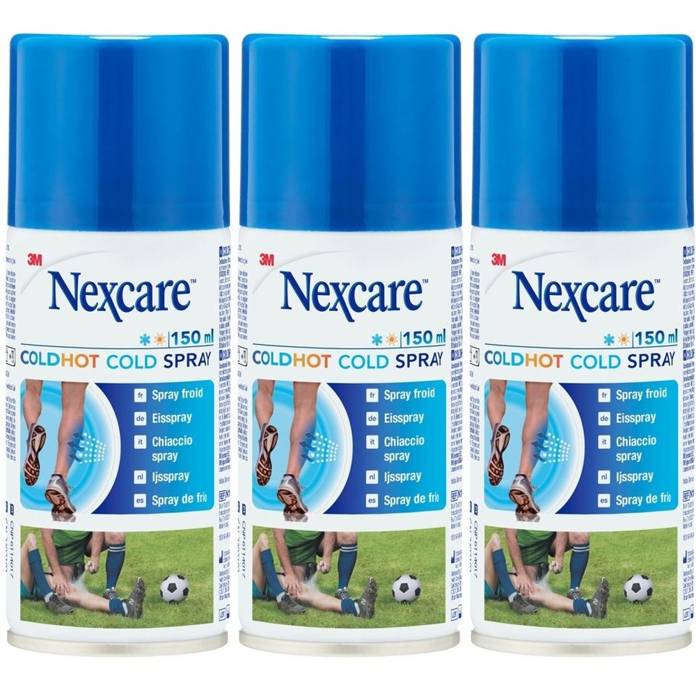 Drie sprays van Nexcare Coldhot. Blauwe dop, witte houder met productnaam en tekst. Illustratie van een gewond been.