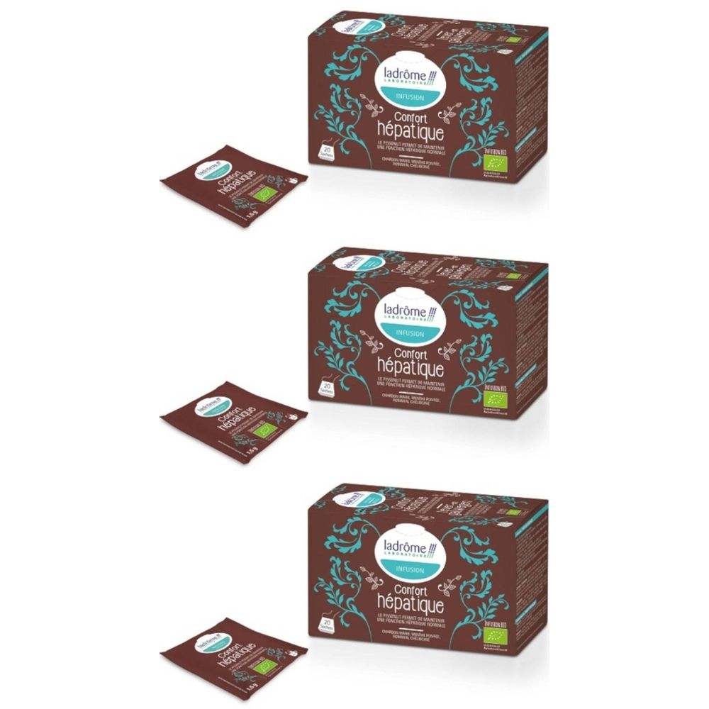 Bruine dozen en zakjes. Opschrift: Ladrôme, Confort hépatique. Bio-label. Turkoois patronen.