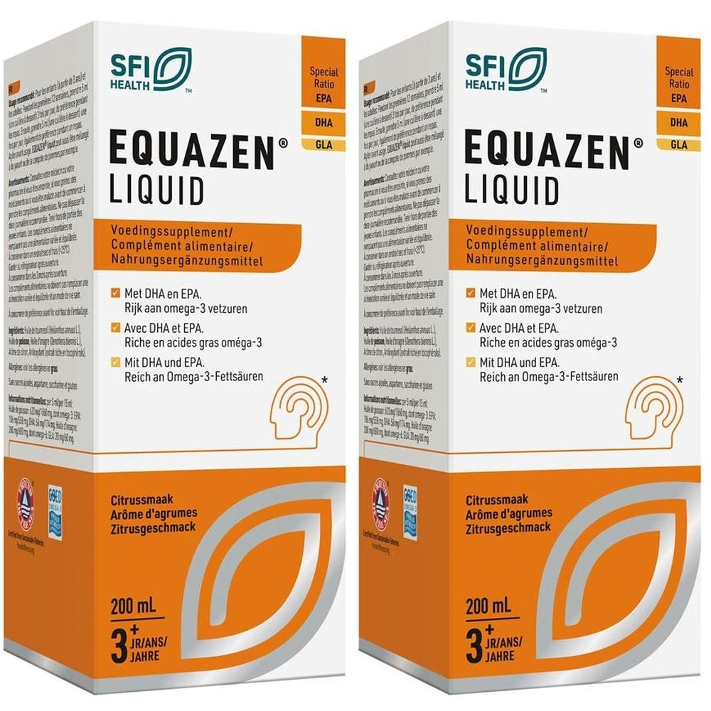 Twee dozen Equazen Liquid. Opschrift: Voedingssupplement, DHA, EPA, omega-3 vetzuren. Smaak: citrus. 200 ml, vanaf 3 jaar.