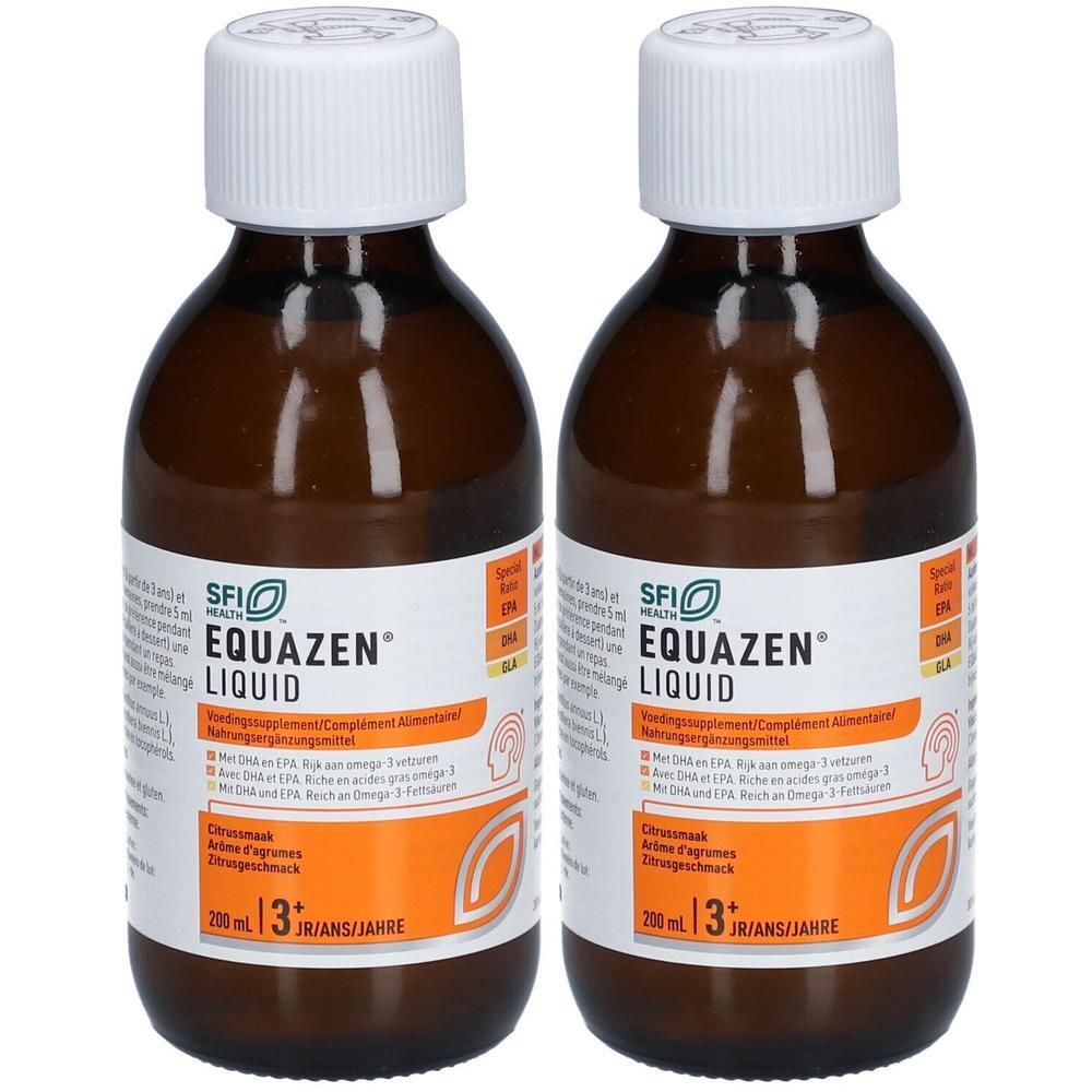 Twee flessen EQUAZEN® Liquid. Bruine vloeistof in glazen flessen met witte dop. Etiket met productinformatie.