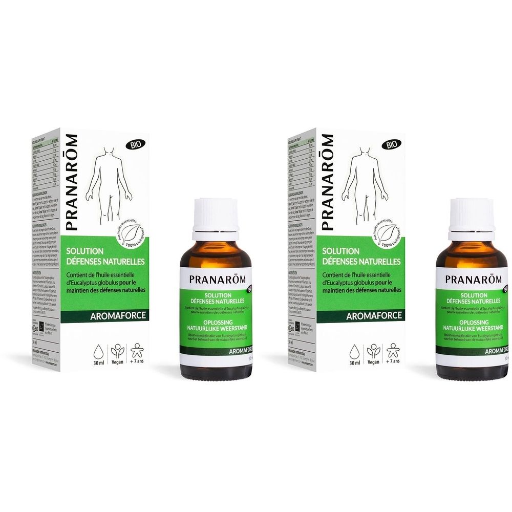 Deux flacons et boîtes. Inscription: Pranarôm, Solution Défenses Naturelles Bio, Aromaforce.