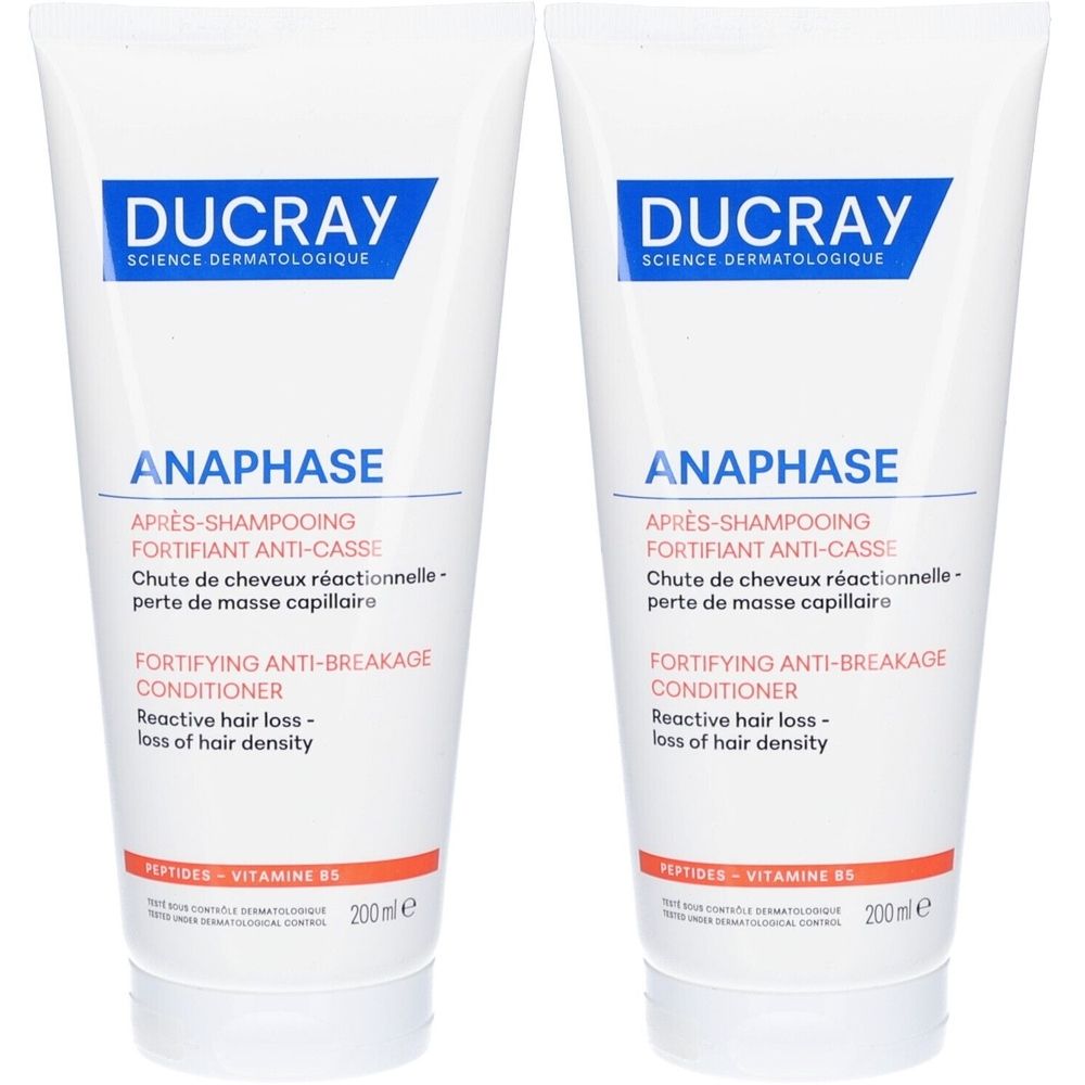 Deux tubes de revitalisant Ducray Anaphase+. Blanc, texte bleu et rouge. Texte : Fortifying Anti-Breakage Conditioner.