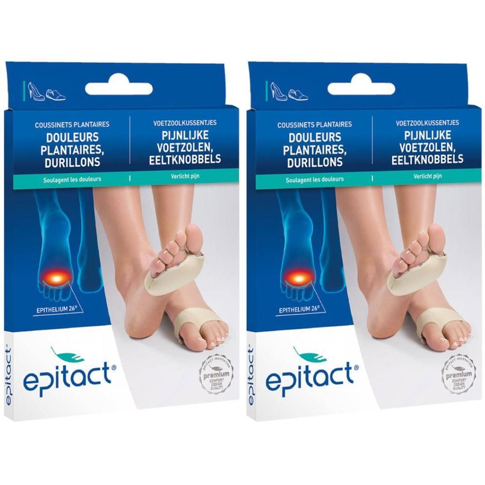 Twee verpakkingen Epitact® Coussinets Plantaires. Tekst en voet met inlegzool. Premium zegel.