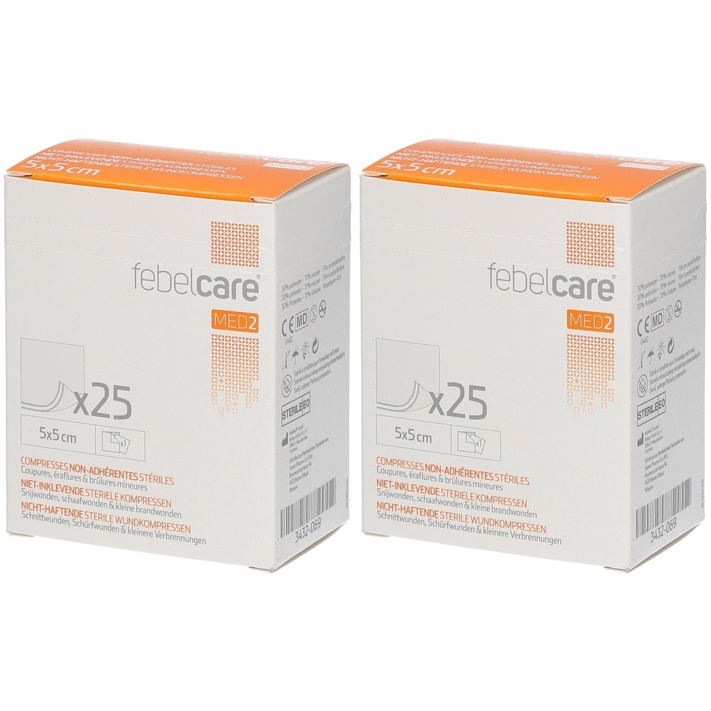Deux boîtes blanches avec couvercles orange. Inscription : febelcare, MED2, x25, 5x5cm. Compresses stériles non adhérentes.