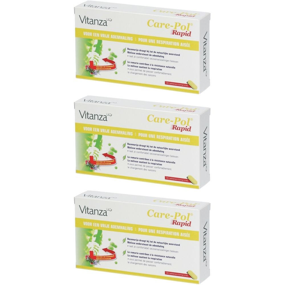 Drie dozen Vitanza Care-Pol Rapid. Witte verpakking met productnaam en groene, rode en gele elementen. Opschrift in meerdere talen.