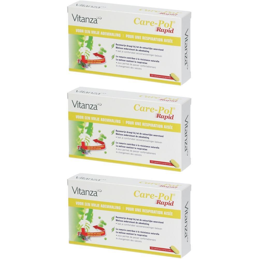 Drie dozen Vitanza Care-Pol Rapid. Witte dozen met gele en groene accenten. Tekst: Care-Pol Rapid, Vitanza.