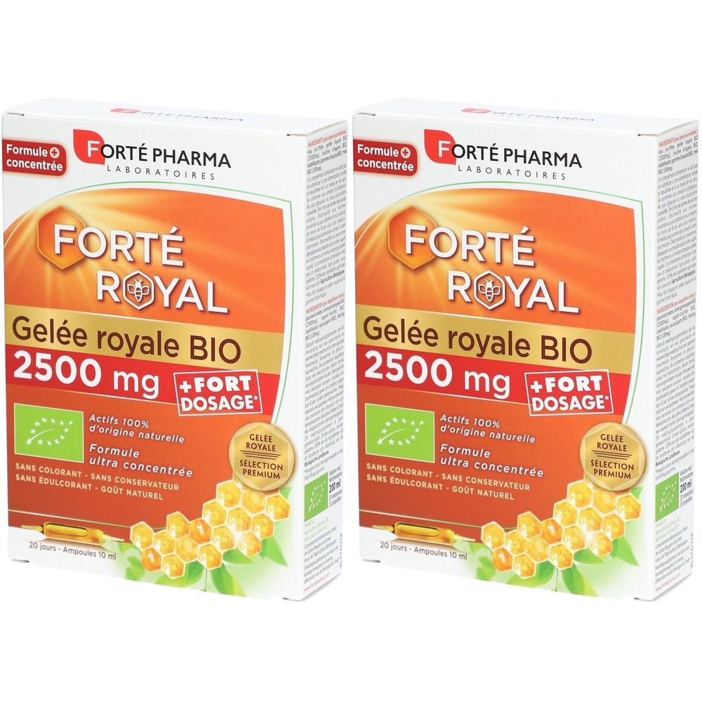 Twee dozen Forté Royal Gelée royale BIO. Opschrift: 2500 mg, +FORT DOSAGE. Met bio-keurmerk.