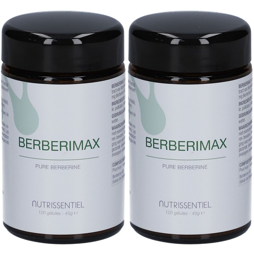 Twee flessen met zwarte deksels. Op het etiket staat "BERBERIMAX" en "PURE BERBERINE". Daaronder staat "NUTRISSENTIEL".