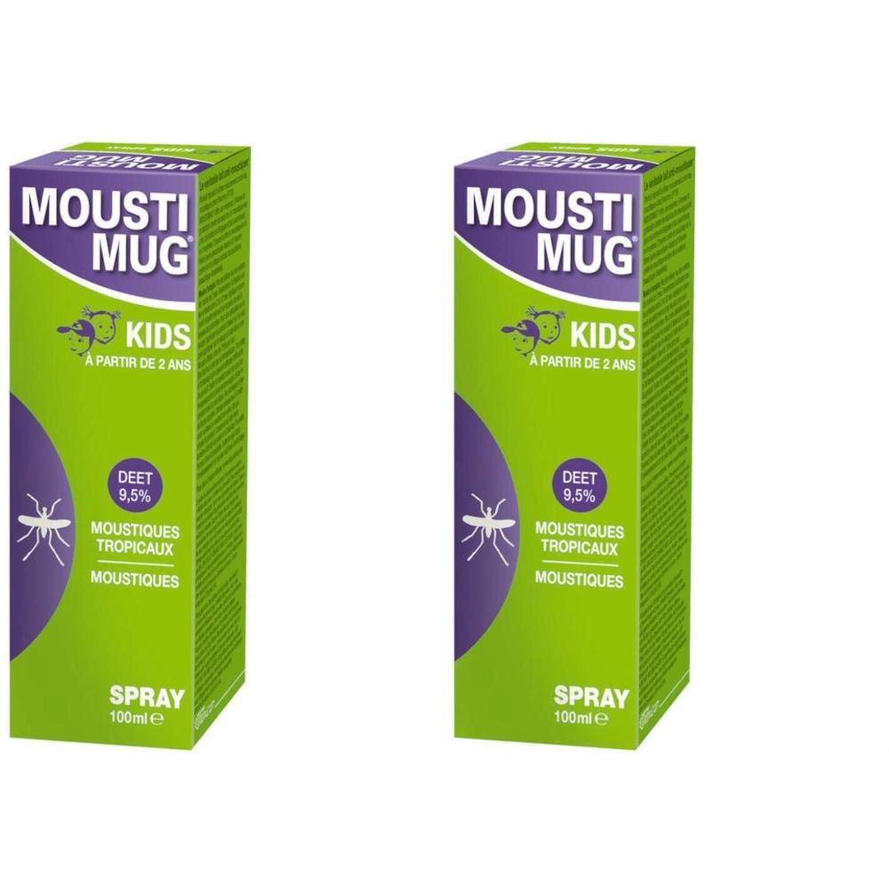 Twee groene sprays met paarse accenten. Opschrift: Mousti Mug Kids, DEET 9,5%, Spray. Bevat een muggen symbool.