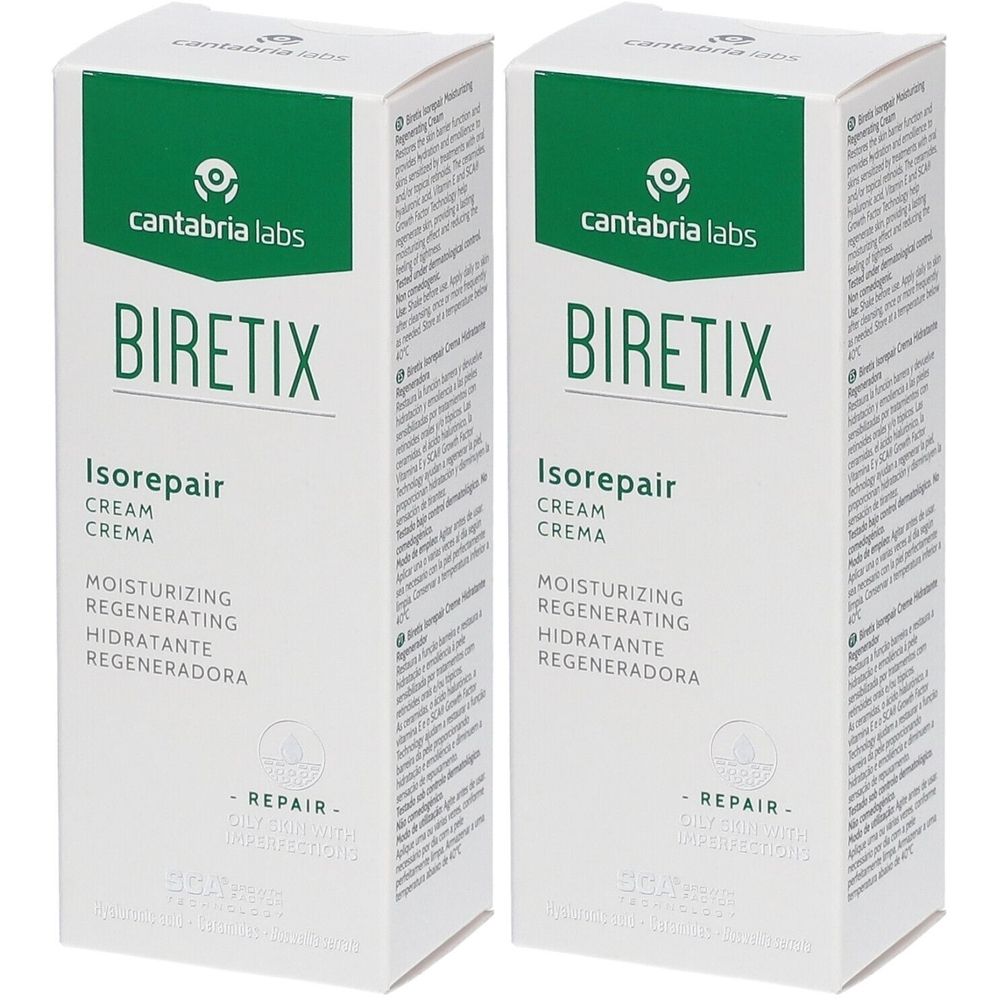 Twee witte dozen met BIRETIX Isorepair. Opschrift: CREAM, MOISTURIZING REGENERATING, HIDRATANTE REGENERADORA. Logo: cantabria labs.