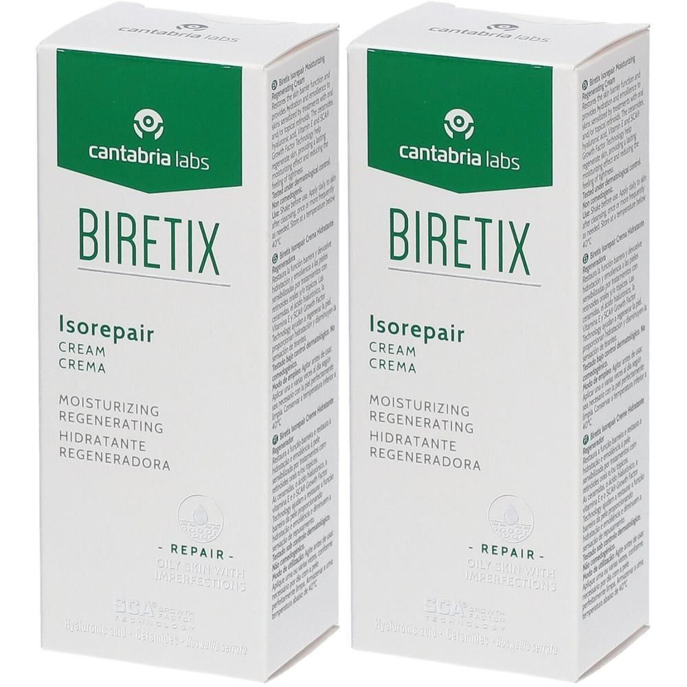 Twee witte dozen met BIRETIX Isorepair. Opschrift: CREMA, MOISTURIZING REGENERATING, cantabria labs.