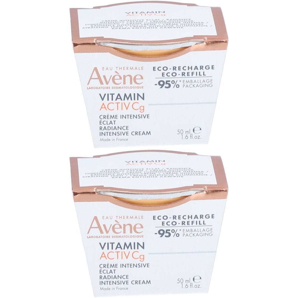 Deux boîtes blanches. Inscription : Avène Vitamin Activ Cg Crème intensive éclat. 50 ml. Eco-Recharge. -95% emballage.