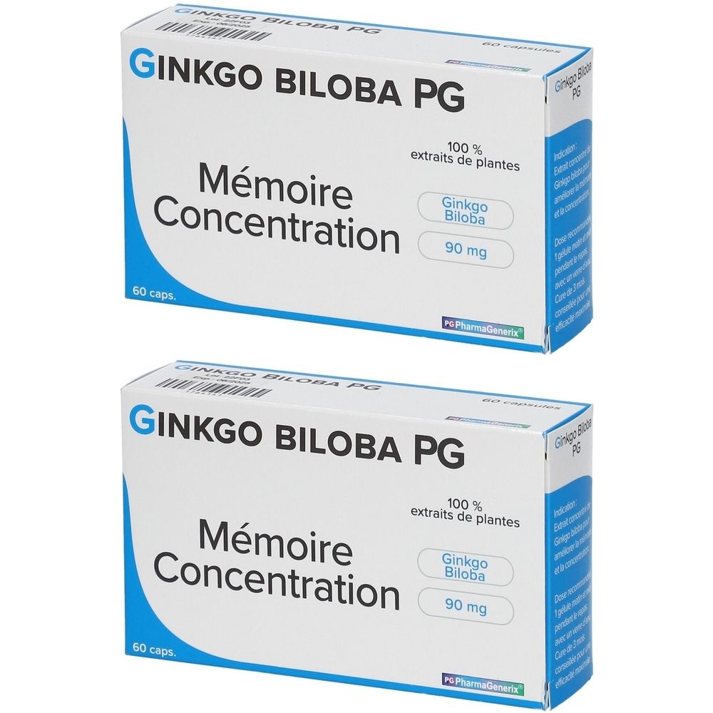 Twee dozen Ginkgo Biloba PG. Opschrift: Mémoire Concentration, 100% plantenextracten, 90 mg, 60 capsules.