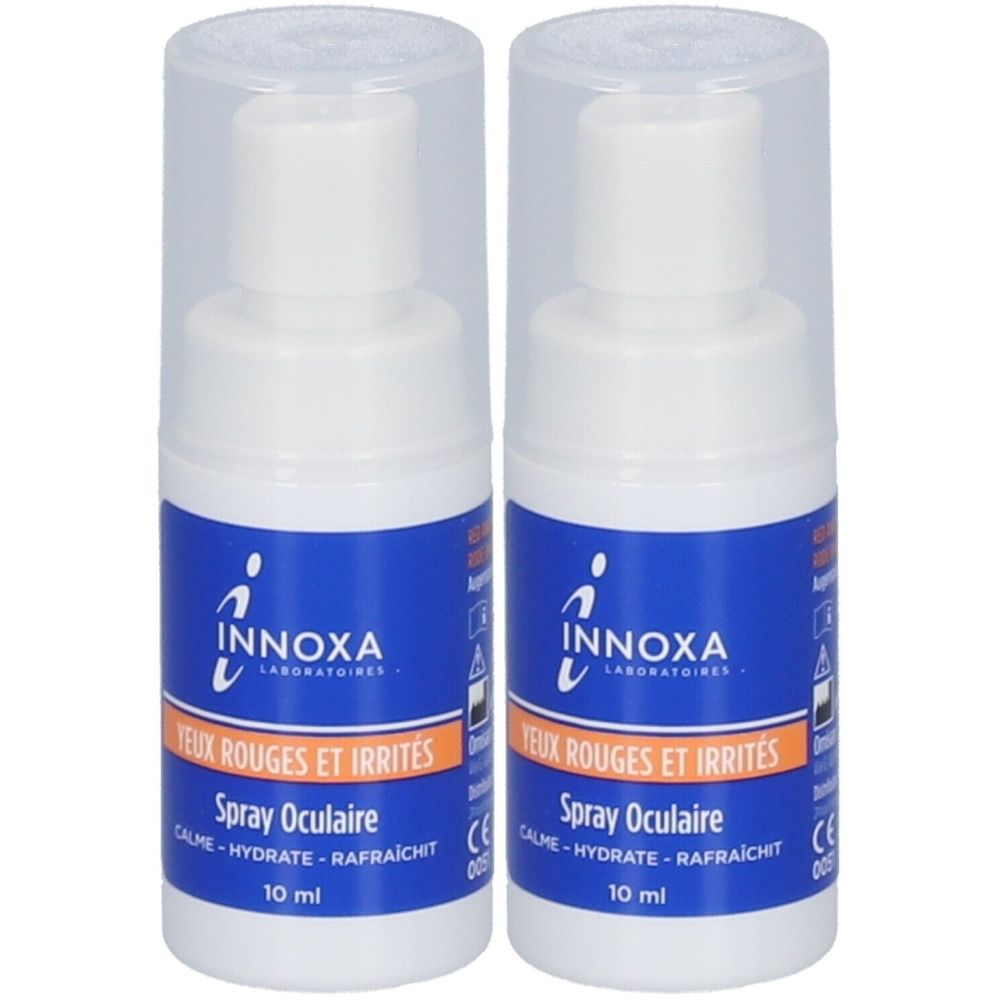 Deux flacons blancs avec étiquettes bleues. Inscription: INNOXA, Spray Oculaire, Yeux Rouges et Irrités. Avec bouchon transparent.