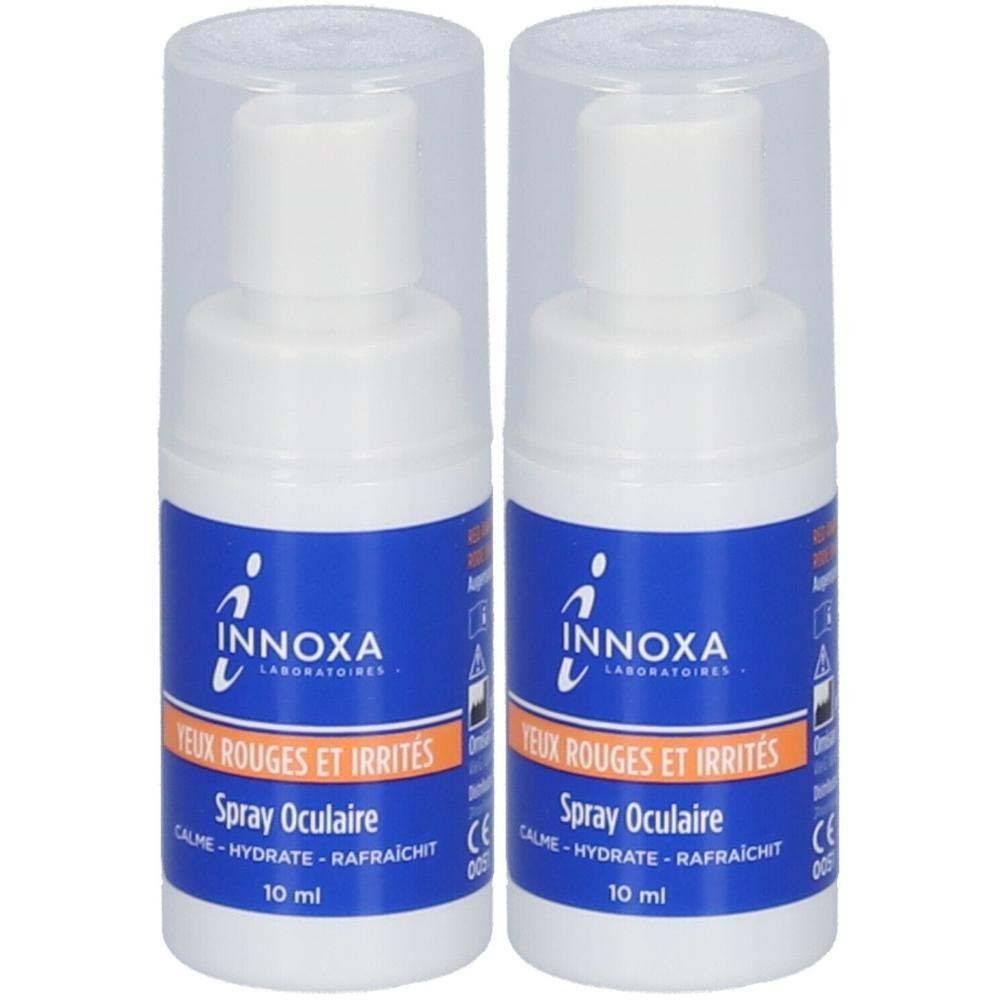 Deux flacons spray blancs avec étiquettes bleues. Inscription: Innoxa, Spray Oculaire, 10 ml. Bouchons transparents.