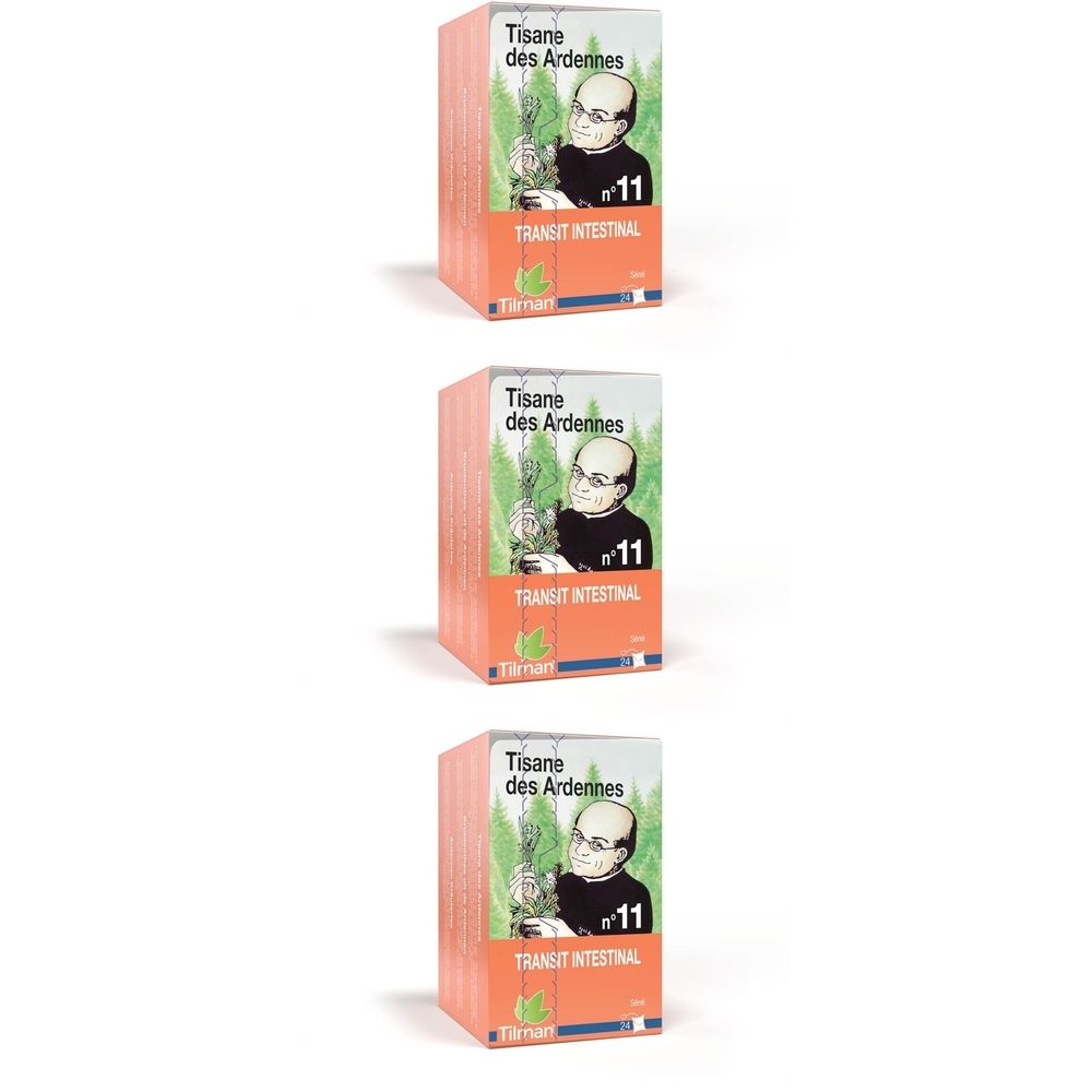 Trois boîtes de tisane, avec l'inscription 'Tisane des Ardennes' et 'Transit Intestinal'. Marque Tilman, illustration d'une personne.