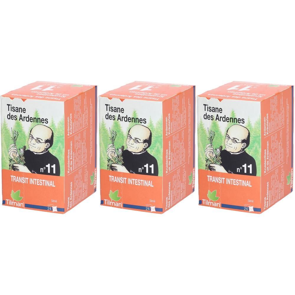 Drie oranje dozen met opschriften. Op elke doos: "Tisane des Ardennes", "Transit Intestinal" en een afbeelding.