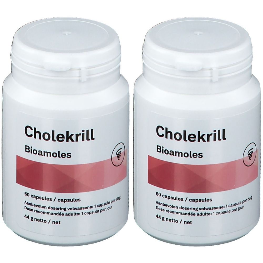 Twee witte flessen met de tekst "Cholekrill Bioamoles". Elke fles bevat 60 capsules. Opschrift in meerdere talen.