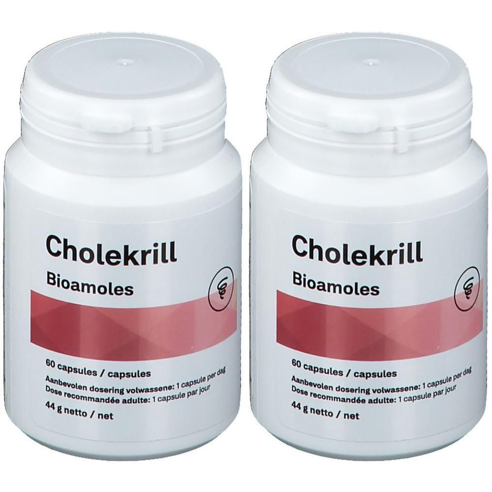 Twee witte pillenpotten met 'Cholekrill Bioamoles'. Elke pot bevat 60 capsules.