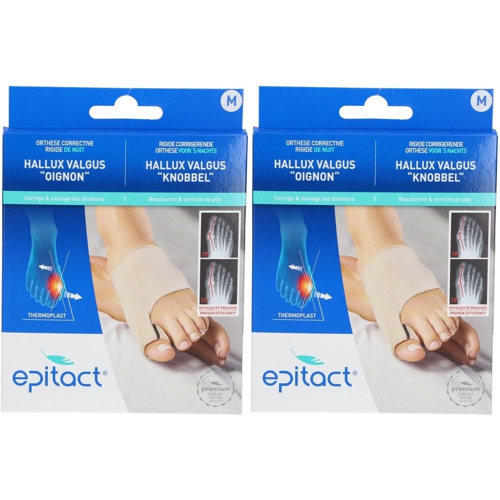 Deux boîtes d'orthèse de nuit Epitact® Hallux Valgus. Emballage bleu avec image du produit et pied. Inscription : Hallux Valgus "Oignon".