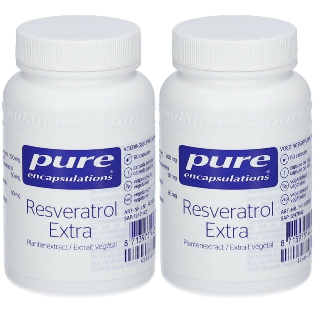 Twee witte flessen met schroefdop. Op het etiket staat "pure encapsulations Resveratrol Extra".