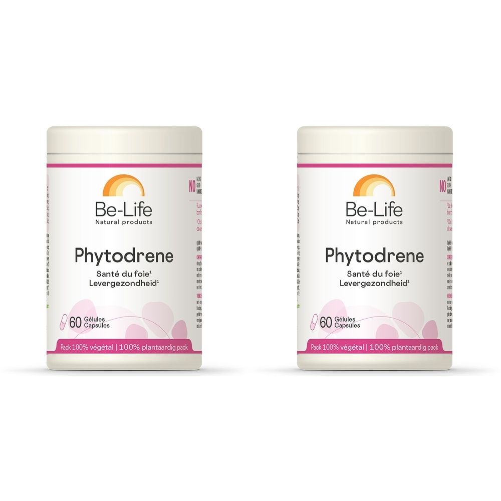 Deux flacons blancs "Be-Life Phytodrene". Inscription "Santé du foie" et "Levergezondheid". Contient 60 gélules.