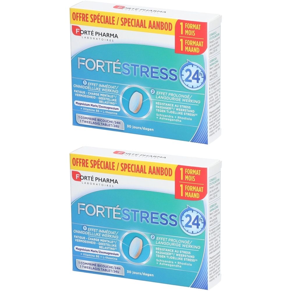 Twee dozen FortéStress 24h. Witte verpakking met blauwe en rode tekst. Bevat een ovale tablet. Merk Forté Pharma.