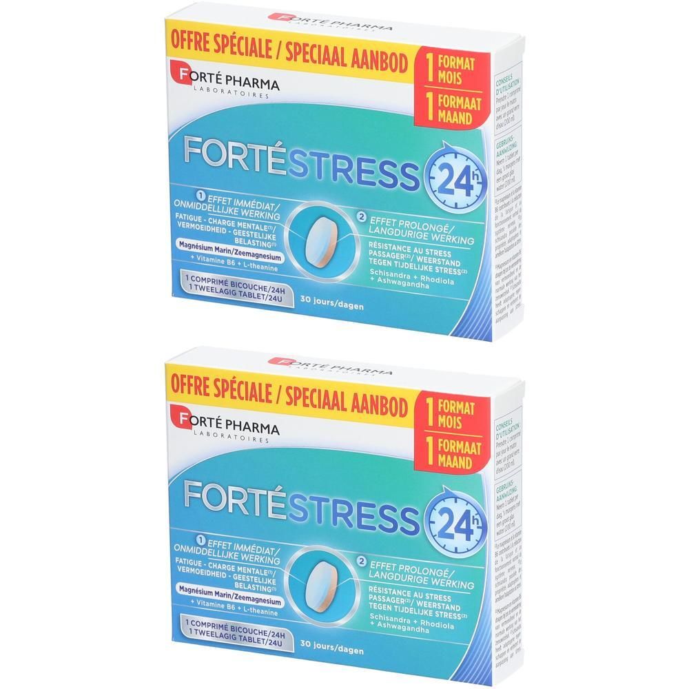 Twee verpakkingen FortéStress 24h. Afbeelding van witte tabletten. Rode en blauwe verpakking met tekst. "Offre spéciale" en "1 maand".