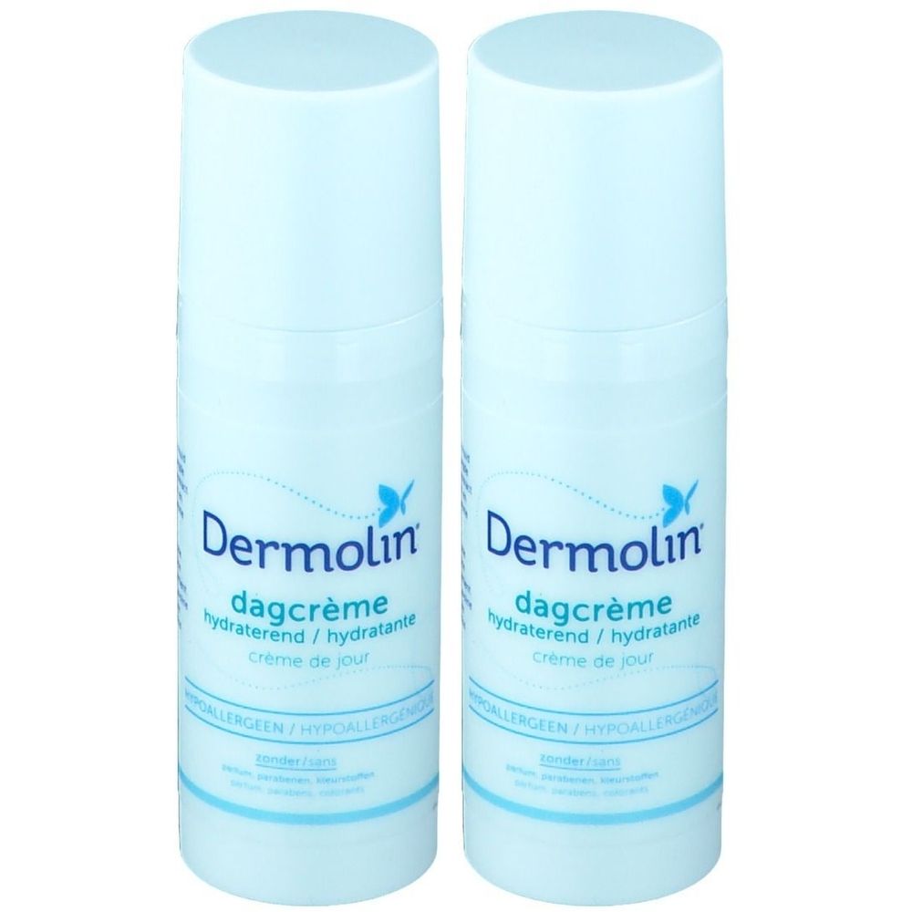 Twee cilindrische flacons. Op elke flacon staat "Dermolin dagcrème hydraterend / hydratante crème de jour".