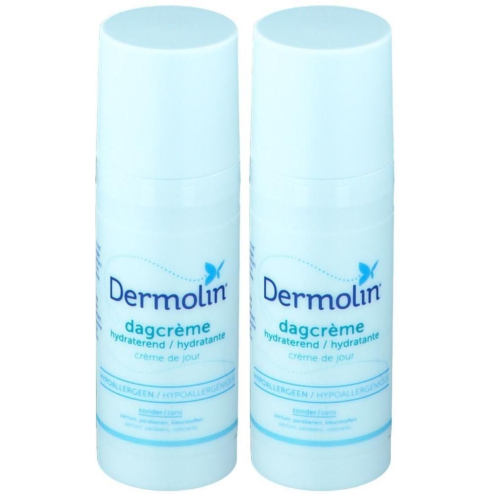 Deux flacons blancs de crème de jour Dermolin, texte bleu et logo. Inscription : dagcrème hydraterend / hydratante crème de jour.