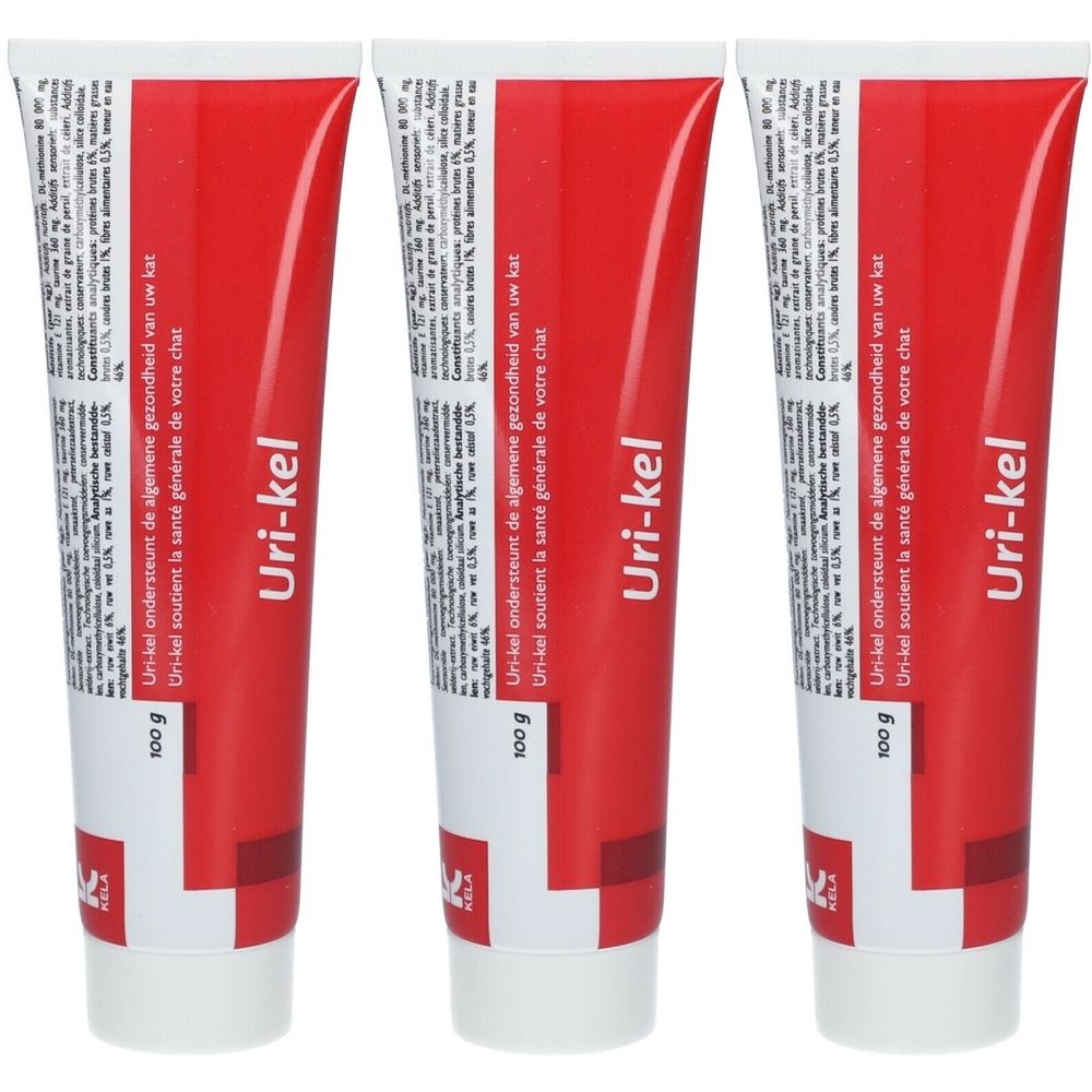 Drie tubes met rood en wit design. Op elke tube staat "Uri-kel" en tekst in meerdere talen. 100 g.