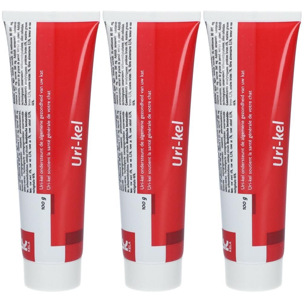 Trois tubes de Uri-kel Pâte. Emballage rouge et blanc avec texte. 100 g. Inscription : Uri-kel soutient la santé générale.