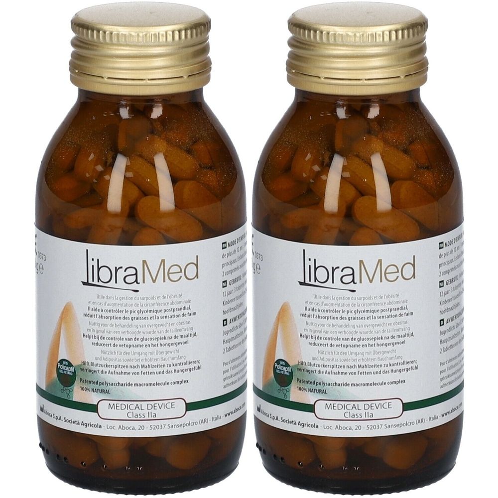 Twee bruine glazen flessen met capsules. De etiketten tonen 'libraMed' en 'MEDICAL DEVICE Class IIa'. Gouden schroefdoppen.