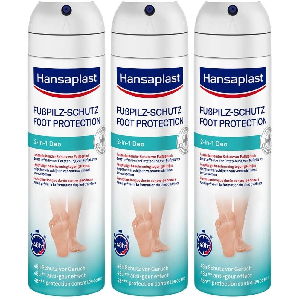 Trois sprays blancs. Inscription: Hansaplast, Foot Protection, 2-in-1 Deo. Protection 48h contre les odeurs. Illustration de pieds.