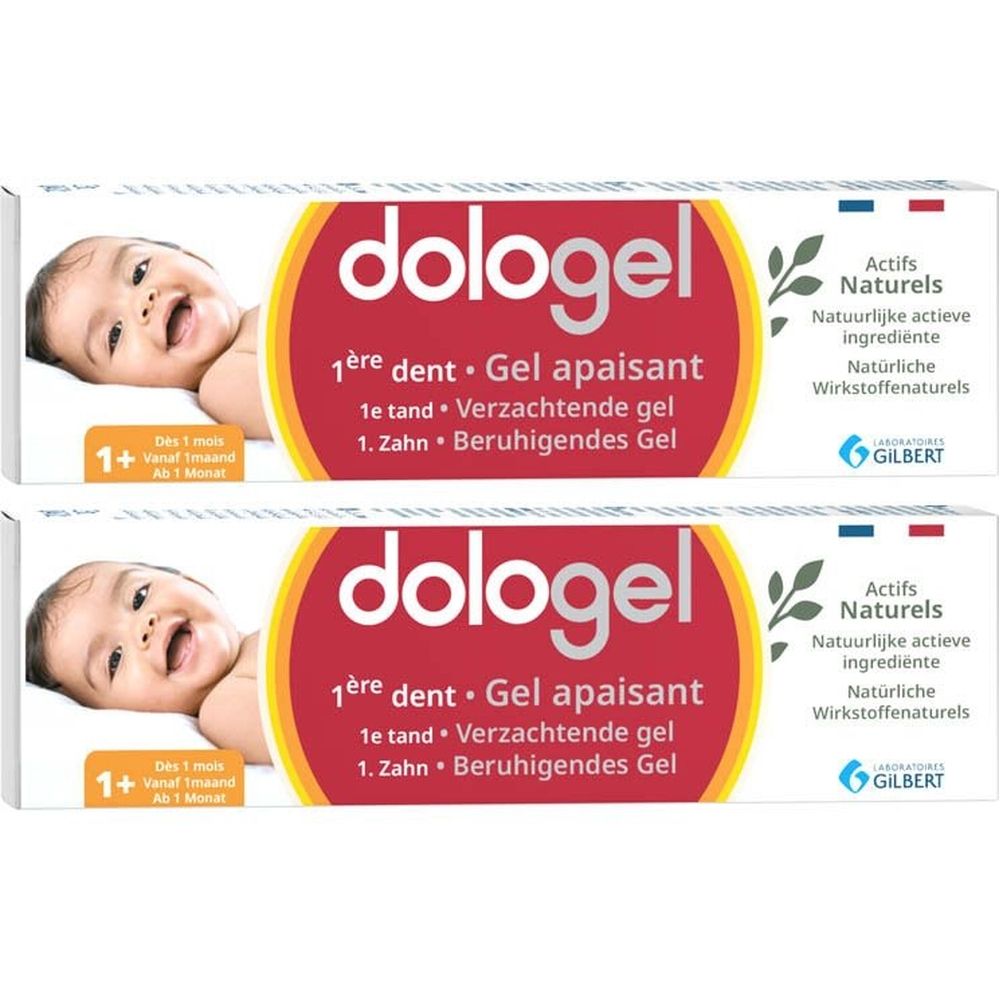 Deux boîtes blanches de « dologel ». Sur chaque boîte, un bébé souriant et du texte multilingue.