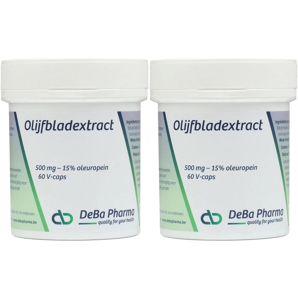Twee witte potten met deksels. Opschrift: Olijfbladextract, 500 mg, 15% oleuropeïne, 60 V-caps. Merk: DeBa Pharma.