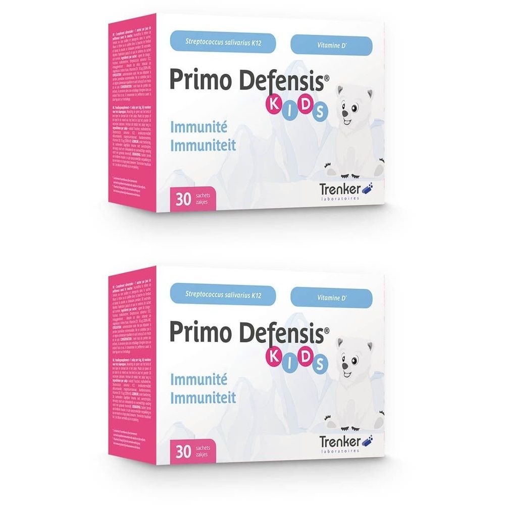 Twee dozen Primo Defensis Kids. Opschrift: Immunité, Immuniteit, 30 zuigtabletten. Met beer-illustratie en Trenker-logo.