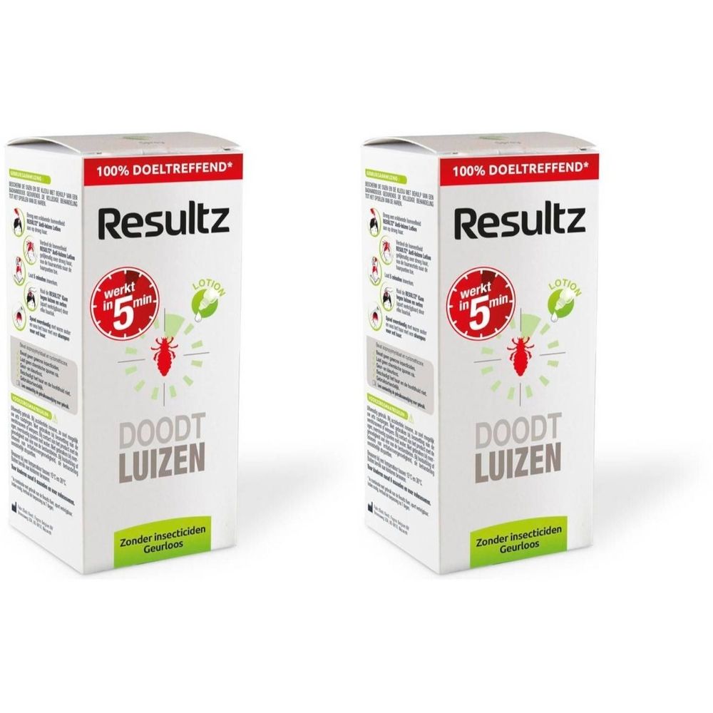 Twee witte dozen Resultz. Tekst: "DOODT LUIZEN". Logo: rode insect, groene bladeren. "100% DOELTREFFEND".
