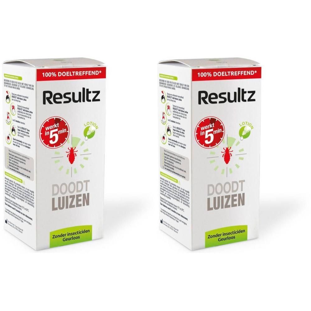 Resultz Lotion verpakking. Wit, groen en rood. Tekst: "Resultz", "Doodt luizen", "Werkt in 5 min". 