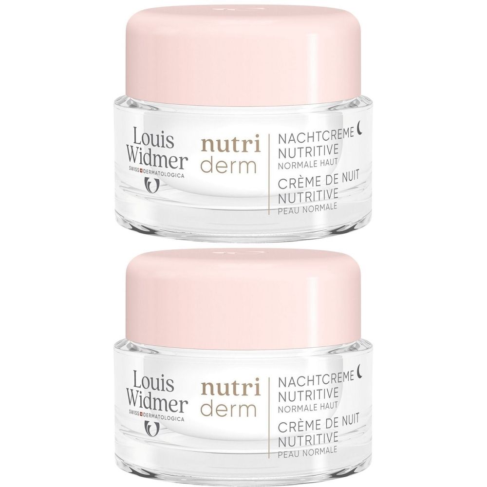 Twee potjes Louis Widmer Nutriderm nachtcrème. Witte potjes met roze deksels. Opschrift: Nutriderm, Nachtcreme, Crème de Nuit, Normale Huid.
