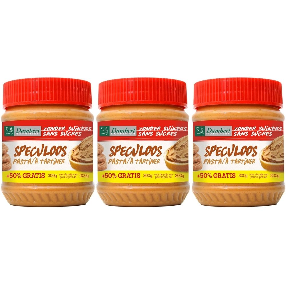 Drie potten Damhert Spéculoos à Tartiner Sans Sucres. Rode deksel, beige inhoud. Opschrift: +50% GRATIS.
