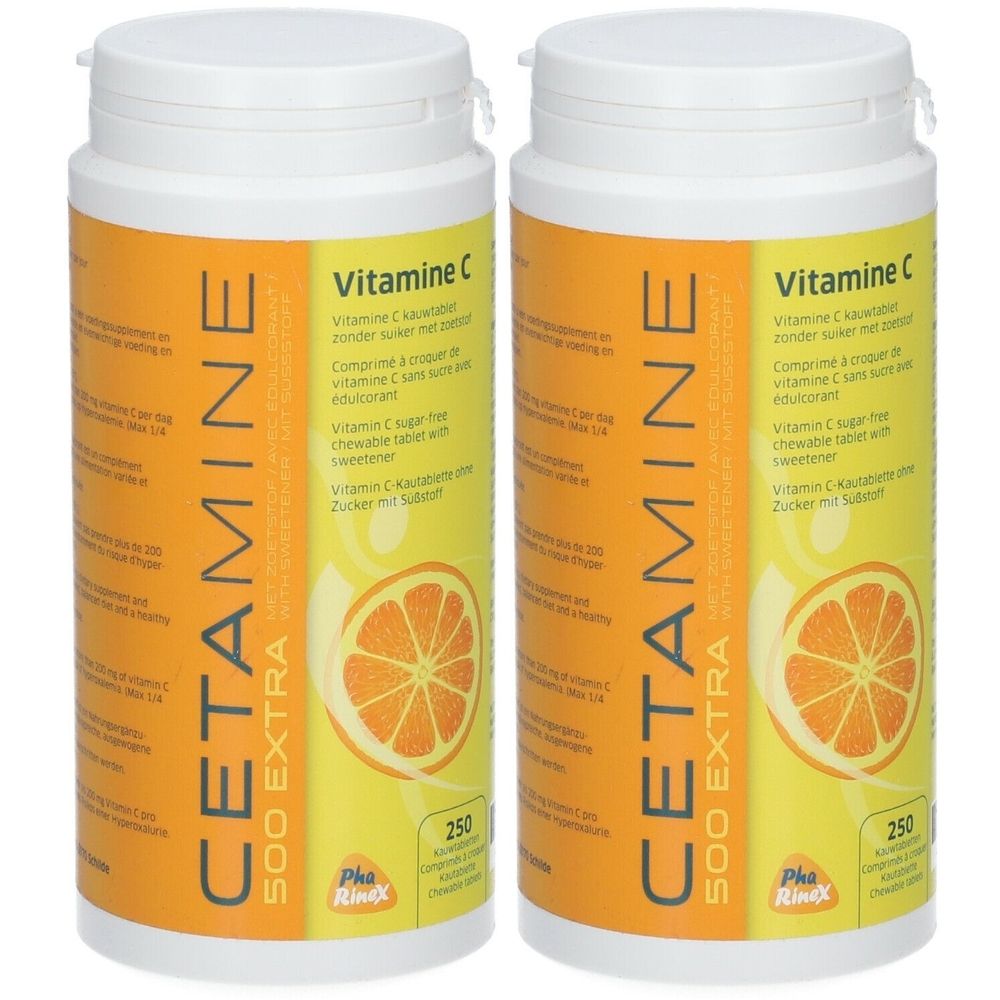 Twee witte flessen met oranje etiketten. Opschrift: CETAMINE 500 EXTRA, Vitamine C. Met een sinaasappelontwerp en de tekst 250.