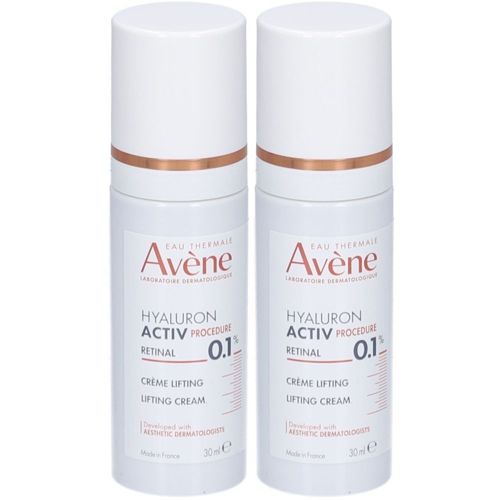 Twee flacons Avène Hyaluron Activ Procedure Retinal 0,1% Crème Lifting Anti-Age. Witte flacons, witte doppen, koperkleurige ring.