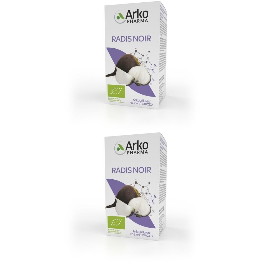 Boîte Arkocaps Radis Noir. Carton blanc avec logo et nom du produit. Illustration de radis.