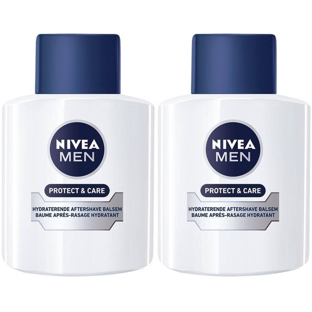 Twee witte flacons met blauwe dop. Opschrift: NIVEA MEN, PROTECT & CARE, Hydraterende aftershave balsem.
